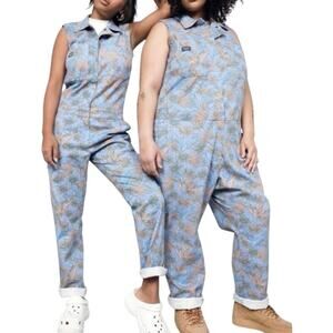 WILDFANG The Essential Sleeveless Coverall Jumpsuit Blue Flower Press - 1X -NWOT